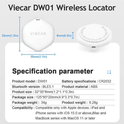 VIECAR Wireless Tracker for Car Keys and Apple Devices compact DW01 Bluetooth locator with CR2032 battery and Apple device compatibility