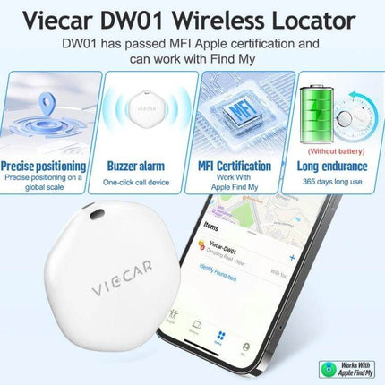 VIECAR Wireless Tracker for Car Keys and Apple Devices compact Bluetooth locator showing device, phone with Find My, MFi certification and long battery life