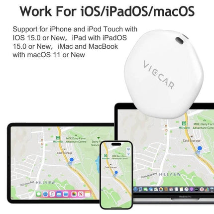 VIECAR Wireless Tracker for Car Keys and Apple Devices attached to keys with Apple Maps shown on iPhone iPad and MacBook