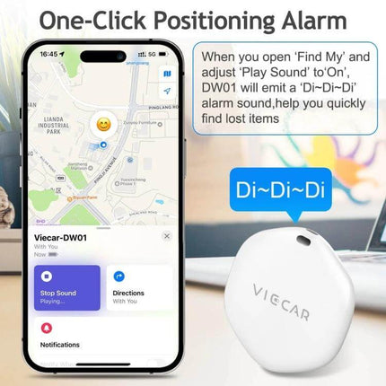VIECAR Wireless Tracker for Car Keys and Apple Devices showing Find My map on iPhone and white tracker with one-click positioning alarm