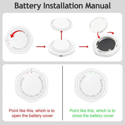 VIECAR Wireless Tracker for Car Keys and Apple Devices - battery installation guide showing cover removal and closure steps