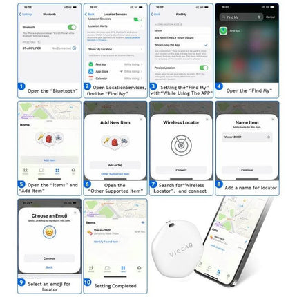 VIECAR Wireless Tracker for Car Keys and Apple Devices shown with step-by-step Find My app setup and tracker on phone