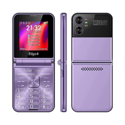 UNIWA F265 Flip Phone with Four SIM Card Support for Daily Calls - purple flip phone open and back view