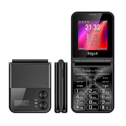 UNIWA F265 Flip Phone with Four SIM Card Support for Daily Calls compact black flip phone showing keypad, screen and quad-SIM support