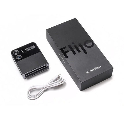 UNIWA F265 Flip Phone with Four SIM Card Support for Daily Calls black flip phone, packaging box and charging cable