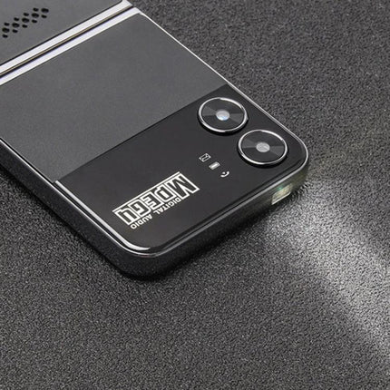 UNIWA F265 Flip Phone with Four SIM Card Support for Daily Calls showing rear dual cameras, compact black flip design and LED flashlight