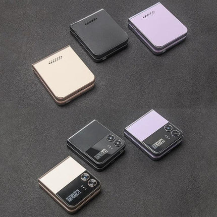 UNIWA F265 Flip Phone with Four SIM Card Support for Daily Calls showing three color variants folded and open, compact multi‑SIM flip phone