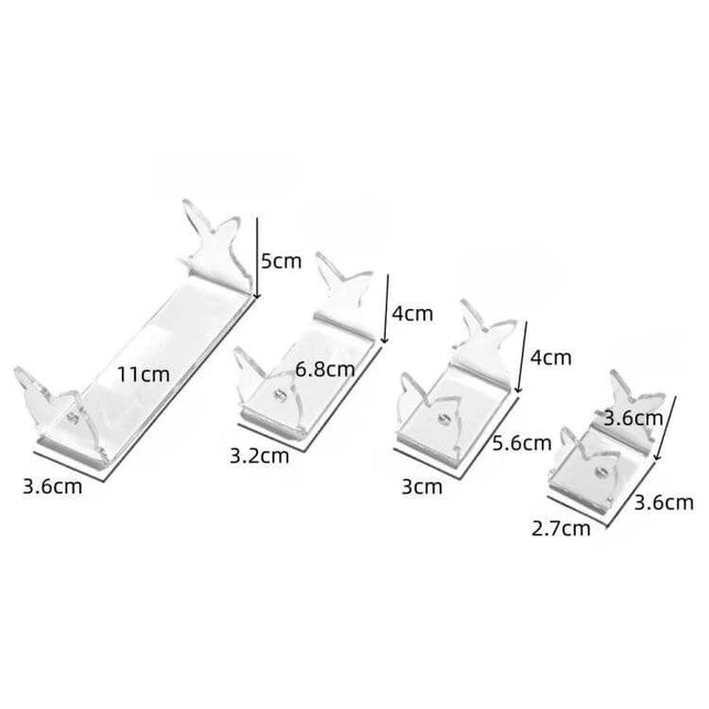 Fishing Lure Display Stands, 4-Pack For Tackle Shops Or Home - clear acrylic V-cutout stands showing four sizes with measurements for countertop display
