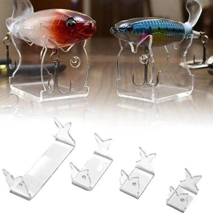 Fishing Lure Display Stands, 4-Pack For Tackle Shops Or Home - clear acrylic V-cutout countertop lure stands showing two lures