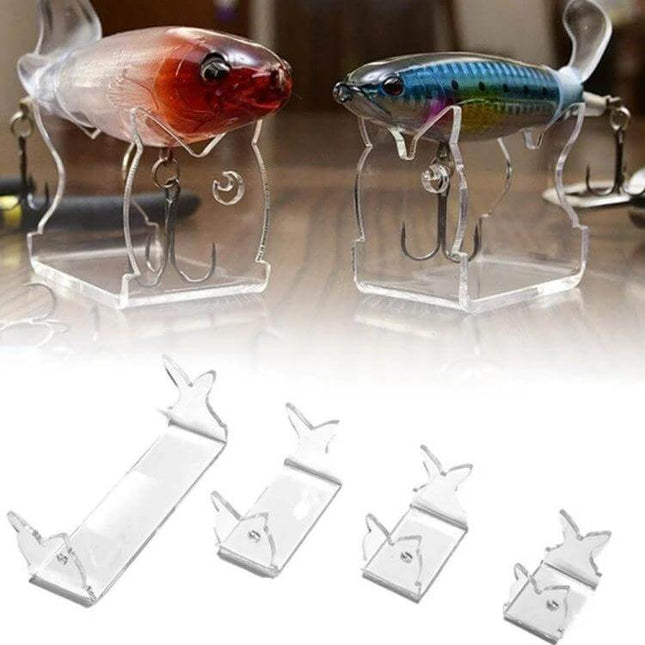 Fishing Lure Display Stands, 4-Pack For Tackle Shops Or Home - clear acrylic V-cutout countertop lure stands showing two lures