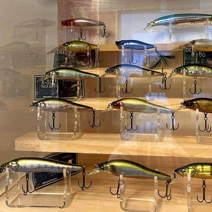 Fishing Lure Display Stands, 4-Pack For Tackle Shops Or Home – clear acrylic V-cutout stands showing multiple lures neatly on countertop display