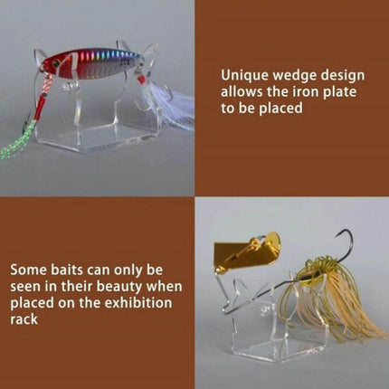 Fishing Lure Display Stands, 4-Pack For Tackle Shops Or Home - clear acrylic V-cutout stands showing lures on countertop for neat presentation
