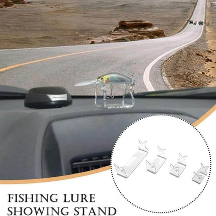 Fishing Lure Display Stands, 4-Pack For Tackle Shops Or Home clear acrylic V-cutout countertop lure display showing lure on dashboard