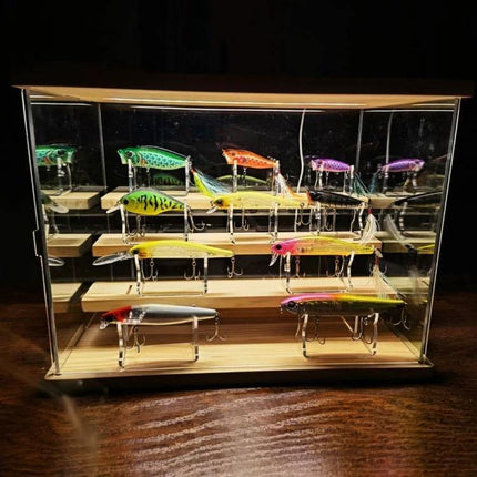 Fishing Lure Display Stands, 4-Pack For Tackle Shops Or Home clear acrylic countertop display showing multiple colorful lures on V-cutout stands