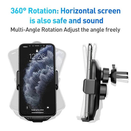 A7s Infrared Induction Wireless Car Holder For Air Outlet showing 360° rotation and multi-angle mount on car vent with phone
