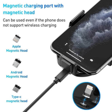 A7s Infrared Induction Wireless Car Holder For Air Outlet showing magnetic charging port with Apple, Android and Type-C magnetic heads connected to a phone