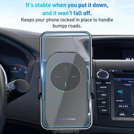 A7s Infrared Induction Wireless Car Holder For Air Outlet mounted on car vent holding a phone showing wireless charging, one-handed infrared sensing