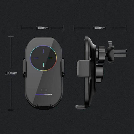 A7s Infrared Induction Wireless Car Holder For Air Outlet showing front and side views with 100mm dimensions and RGB charging ring