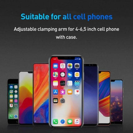 A7s Infrared Induction Wireless Car Holder For Air Outlet showing adjustable clamp holding various smartphones for 4-6.5 inch phones