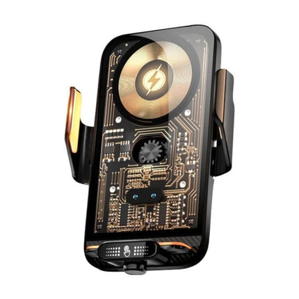 Automatic Alignment Car Air Outlet Wireless Charging Holder showing internal circuit design and gravity-clamp arms mounted on car air vent