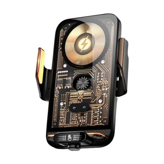 Automatic Alignment Car Air Outlet Wireless Charging Holder showing internal circuit design and gravity-clamp arms mounted on car air vent