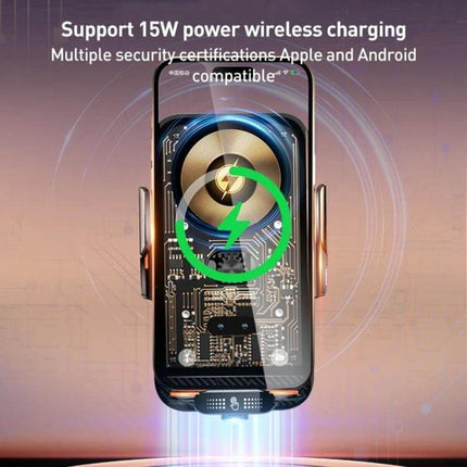 Automatic Alignment Car Air Outlet Wireless Charging Holder showing phone in clamp with 15W wireless charging icon and air vent mount