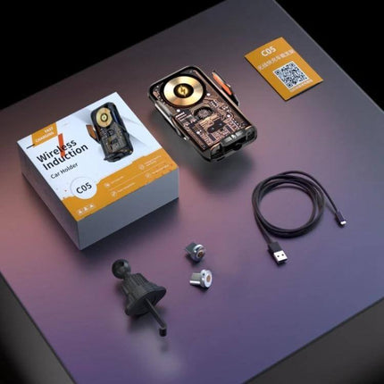 Automatic Alignment Car Air Outlet Wireless Charging Holder showing product components, USB cable, air vent mount and packaging