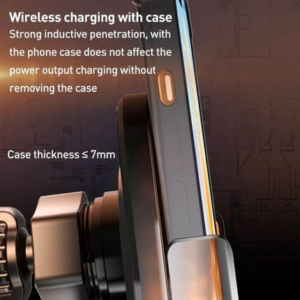 Automatic Alignment Car Air Outlet Wireless Charging Holder mounted on vent showing wireless charging through phone case ≤7mm