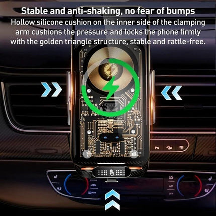 Automatic Alignment Car Air Outlet Wireless Charging Holder mounted on vent with phone clamped showing stable anti-shake grip and wireless charging icon
