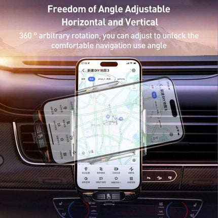 Automatic Alignment Car Air Outlet Wireless Charging Holder mounted on vent showing 360° rotation and adjustable horizontal and vertical viewing angles