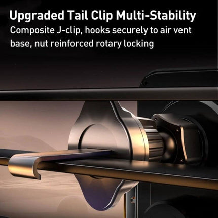 Automatic Alignment Car Air Outlet Wireless Charging Holder showing upgraded tail clip J-clip mounting on car air vent for stable wireless charging