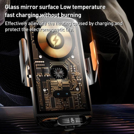 Automatic Alignment Car Air Outlet Wireless Charging Holder showing glass mirror surface and internal circuit with gravity-sensing clamp