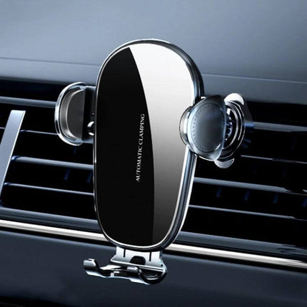 Mechanical Locking Wireless Car Holder For 4.0-7.2 Inch Phones mounted on car air vent showing automatic clamping and center charging