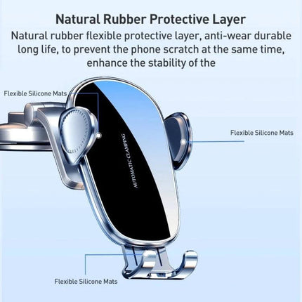 Mechanical Locking Wireless Car Holder For 4.0-7.2 Inch Phones showing natural rubber protective layer and flexible silicone mats on vent-mounted holder