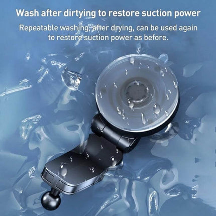Mechanical Locking Wireless Car Holder For 4.0-7.2 Inch Phones suction cup mount shown with water droplets highlighting washable, restorable suction power