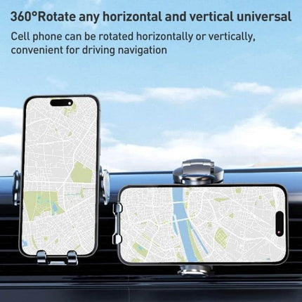 Mechanical Locking Wireless Car Holder For 4.0-7.2 Inch Phones shown mounted on vent holding phones portrait and landscape for navigation