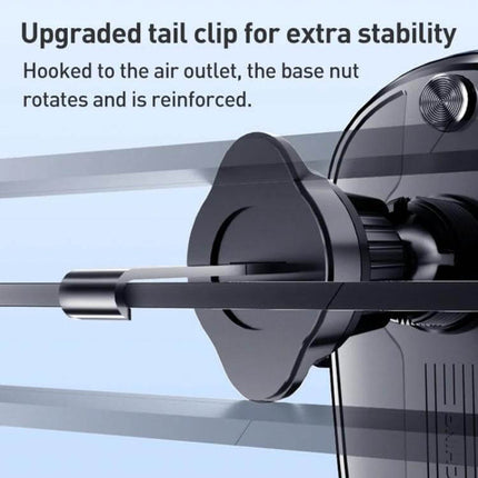 Mechanical Locking Wireless Car Holder For 4.0-7.2 Inch Phones showing upgraded tail clip hooked to air vent for extra stability and reinforced base nut