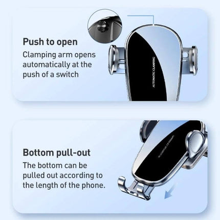 Mechanical Locking Wireless Car Holder For 4.0-7.2 Inch Phones showing push-to-open clamping arms and bottom pull-out support for one-handed use