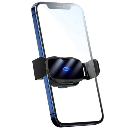 Infrared Wireless Car Phone Holder With Auto Clamp mounted on car vent holding a smartphone, infrared sensor and one-handed auto-clamp shown