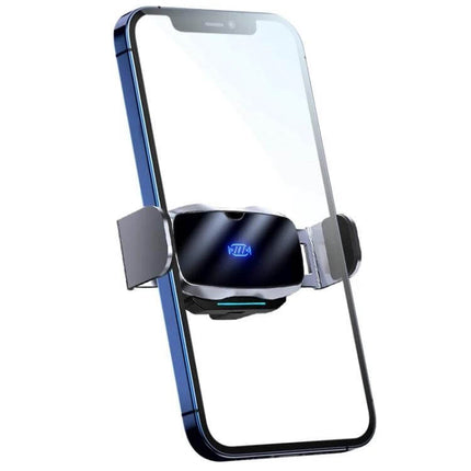 Infrared Wireless Car Phone Holder With Auto Clamp mounted on car vent holding a smartphone with automatic infrared sensing and one-handed clamp