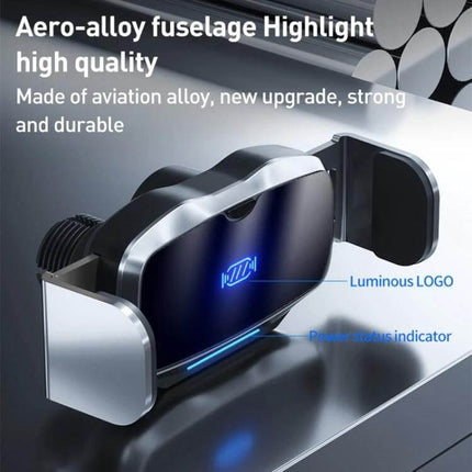Infrared Wireless Car Phone Holder With Auto Clamp showing aero-alloy fuselage, luminous logo and power indicator on wired car air-vent mount
