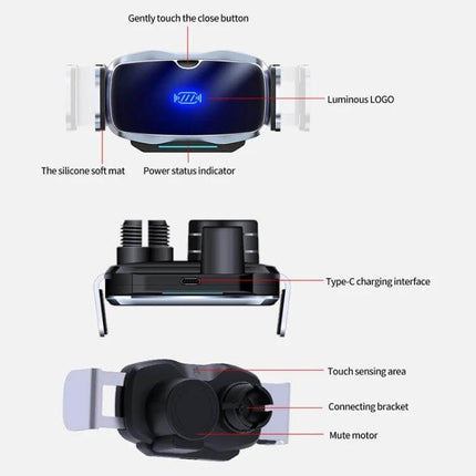 Infrared Wireless Car Phone Holder With Auto Clamp showing luminous logo, touch sensing area, Type-C port and air vent mounting