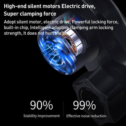 Infrared Wireless Car Phone Holder With Auto Clamp showing high-end silent motor, electric drive, 90% stability improvement and 99% noise reduction