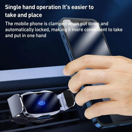 Infrared Wireless Car Phone Holder With Auto Clamp shown clamping a smartphone by one-handed infrared auto-sensing on a car air vent