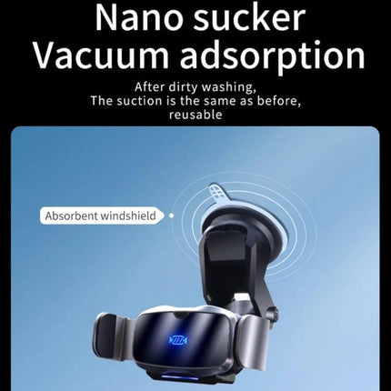 Infrared Wireless Car Phone Holder With Auto Clamp mounted on windshield cup showing nano sucker vacuum adsorption and one-handed infrared auto clamp