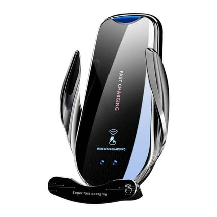 Infrared Wireless Car Charger and Air Outlet Holder mounted on car vent with auto-clamp and fast wireless charging visible