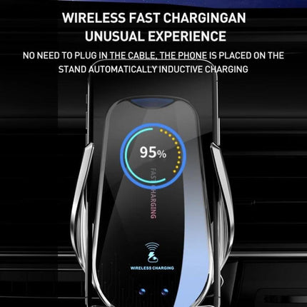 Infrared Wireless Car Charger and Air Outlet Holder showing vent-mounted automatic infrared clamp and wireless fast charging display