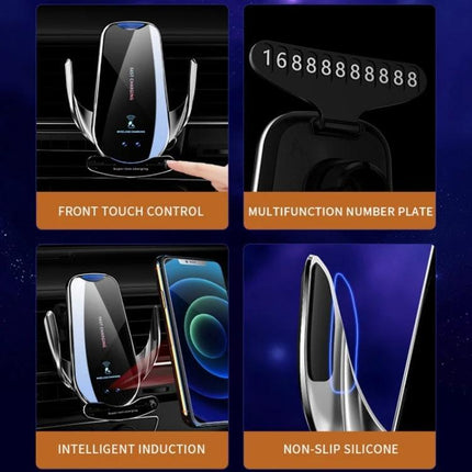 Infrared Wireless Car Charger and Air Outlet Holder with infrared sensing, front/rear touch control, vent-mount, non-slip silicone