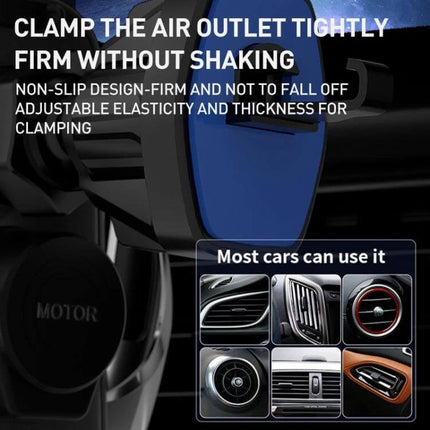 Infrared Wireless Car Charger and Air Outlet Holder mounted on car vent showing clamp types and non-slip design