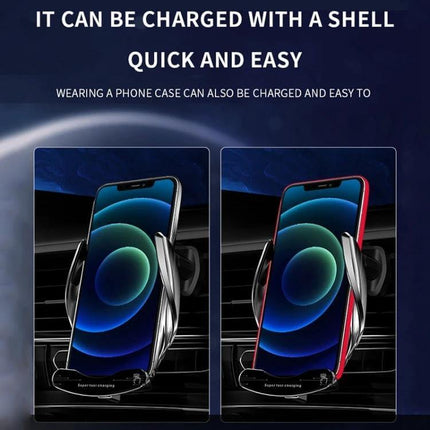 Infrared Wireless Car Charger and Air Outlet Holder showing automatic infrared-clamp vent mount charging a phone with case, front and rear touch controls